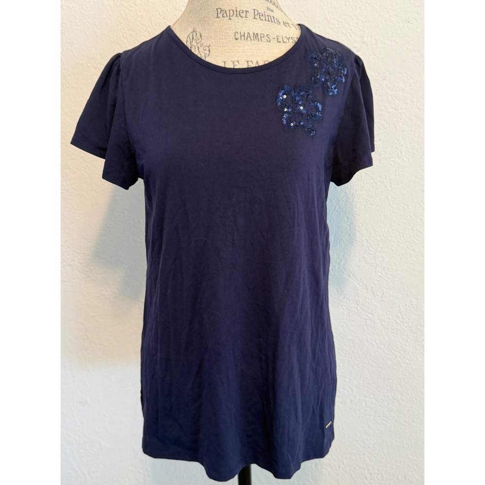 Anne Klein Navy Blue Sequin Floral Flutter Sleeve Knit Top Medium